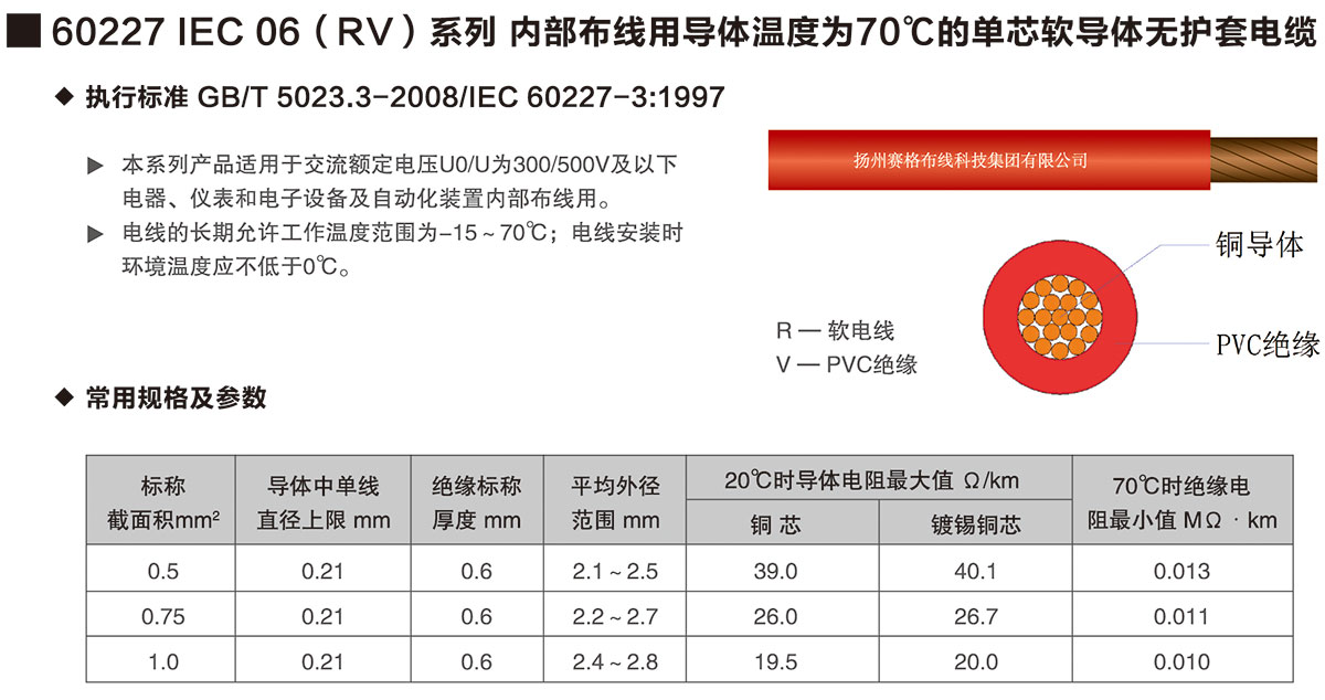 02-60227IEC06(RV)系列內(nèi)部布線用導體溫度為70℃的單芯軟導體無護套電纜-詳情